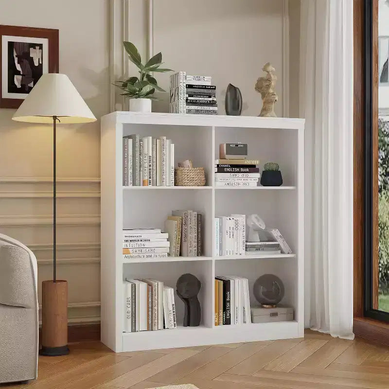 Scaffale organizer a 6 scomparti, libreria alta 53-Inch con dispositivo antiribaltamento, robusto scaffale in legno per soggiorno, camera da letto e ufficio in casa
