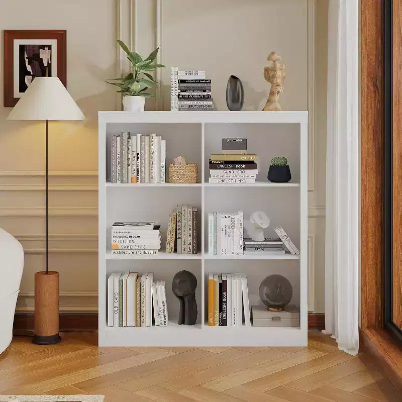 Scaffale organizer a 6 scomparti, libreria alta 53-Inch con dispositivo antiribaltamento, robusto scaffale in legno per soggiorno, camera da letto e ufficio in casa