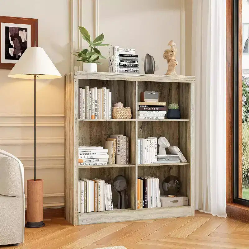Scaffale organizer a 6 scomparti, libreria alta 53-Inch con dispositivo antiribaltamento, robusto scaffale in legno per soggiorno, camera da letto e ufficio in casa