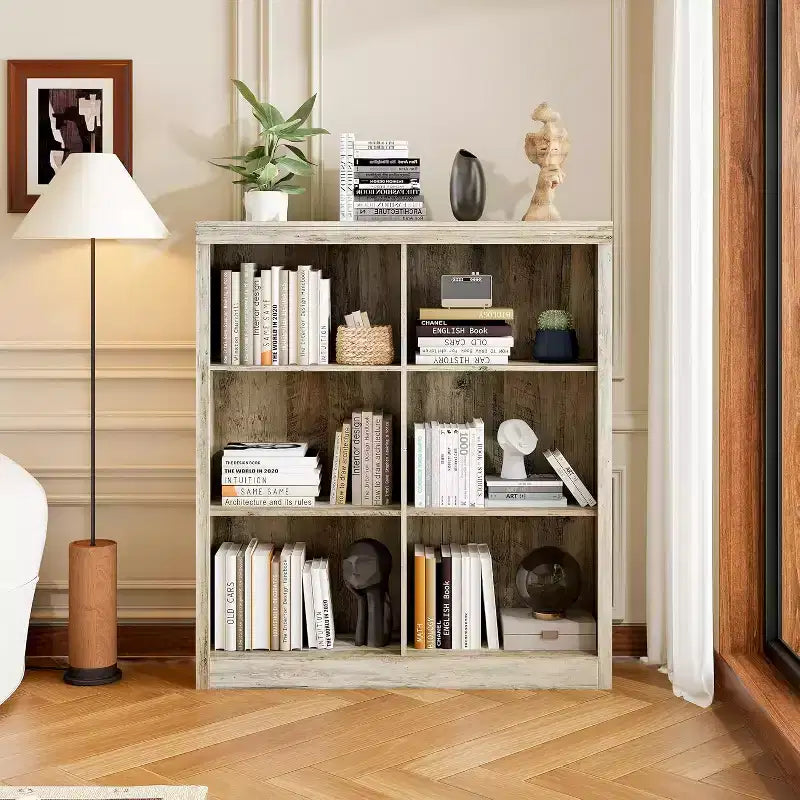 Scaffale organizer a 6 scomparti, libreria alta 53-Inch con dispositivo antiribaltamento, robusto scaffale in legno per soggiorno, camera da letto e ufficio in casa
