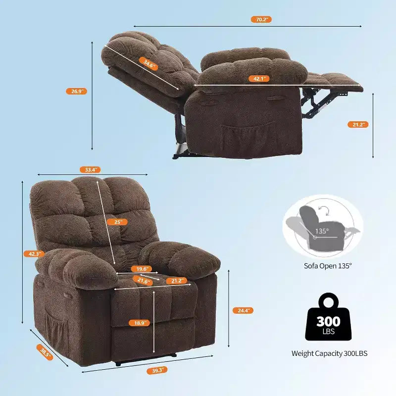 Poltrona reclinabile manuale, design ergonomico imbottito con tessuto traspirante e tasche laterali, per soggiorno