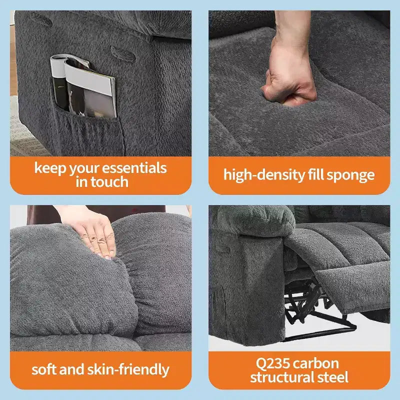 Poltrona reclinabile manuale, design ergonomico imbottito con tessuto traspirante e tasche laterali, per soggiorno