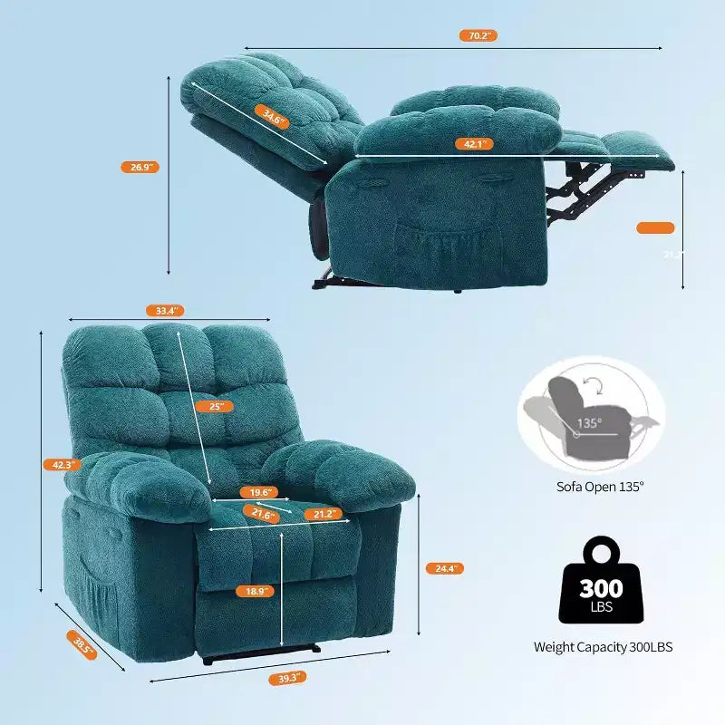 Poltrona reclinabile manuale, design ergonomico imbottito con tessuto traspirante e tasche laterali, per soggiorno