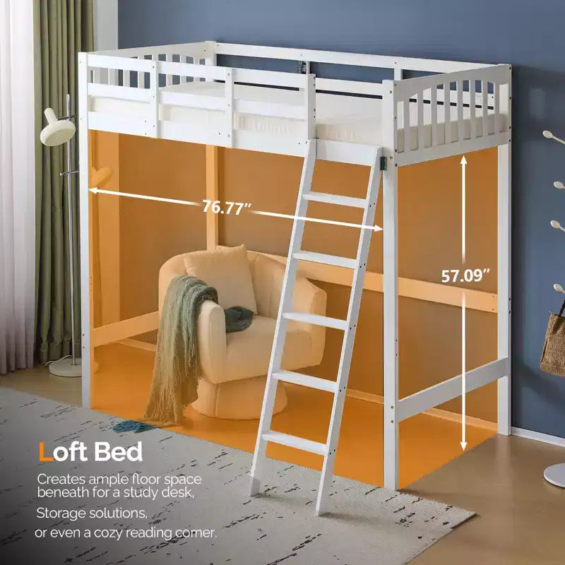 Letto a soppalco singolo in legno con stazione di ricarica/LED, pioli piatti, sponda di protezione alta 15 inches, supporto con doghe in legno senza necessità di rete, bianco