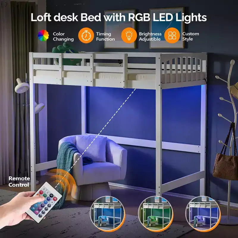 Letto a soppalco singolo in legno con stazione di ricarica/LED, pioli piatti, sponda di protezione alta 15 inches, supporto con doghe in legno senza necessità di rete, bianco