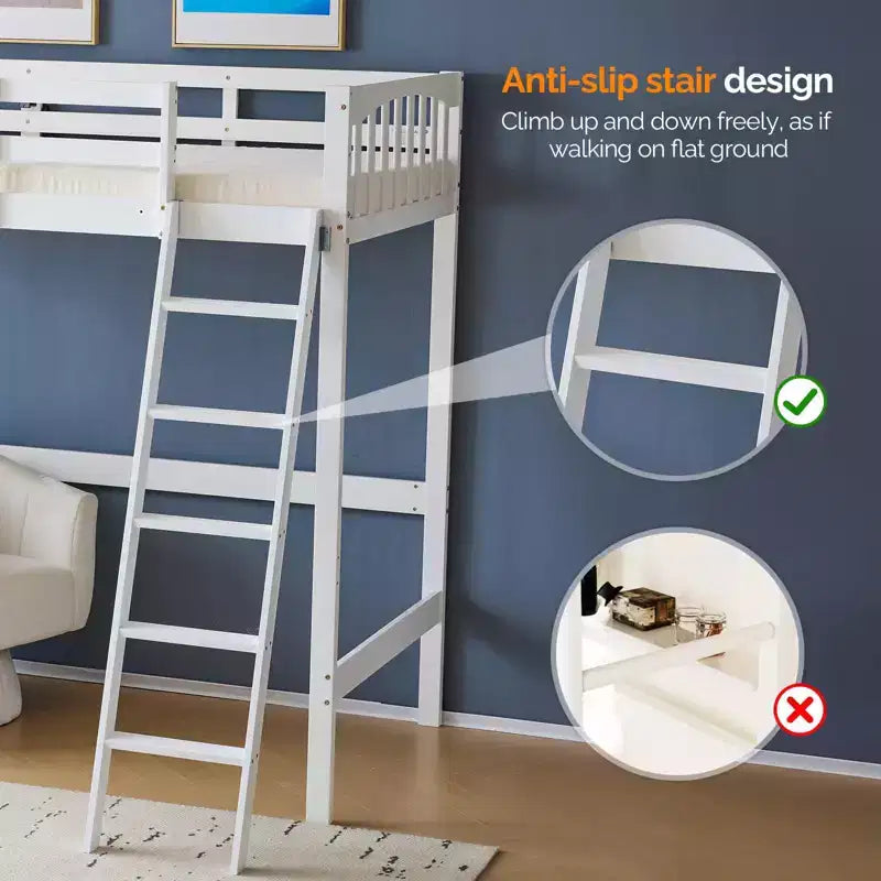 Letto a soppalco singolo in legno con stazione di ricarica/LED, pioli piatti, sponda di protezione alta 15 inches, supporto con doghe in legno senza necessità di rete, bianco