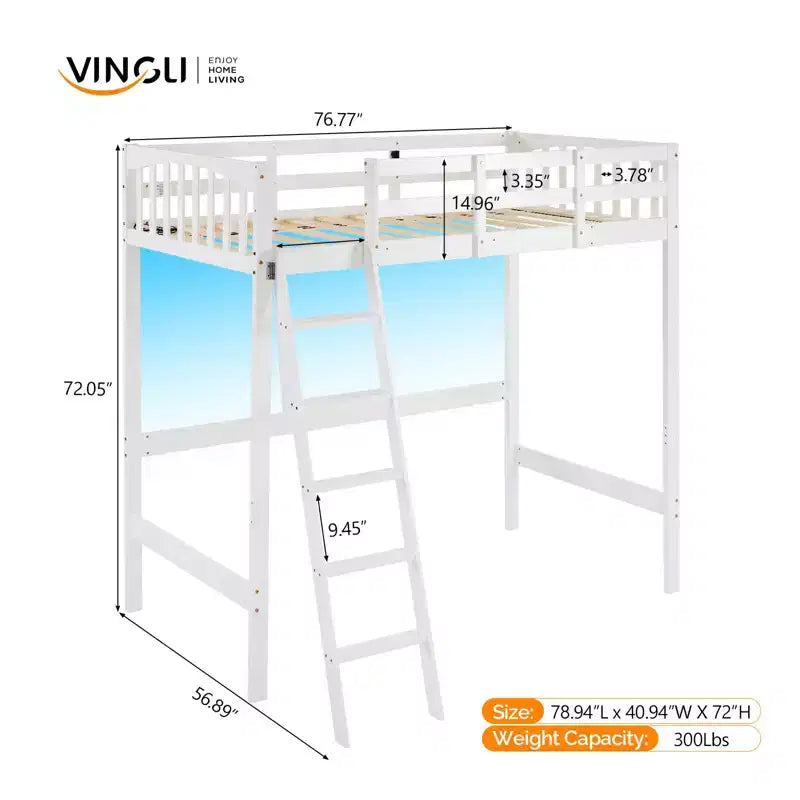 Letto a soppalco singolo in legno con stazione di ricarica/LED, pioli piatti, sponda di protezione alta 15 inches, supporto con doghe in legno senza necessità di rete, bianco