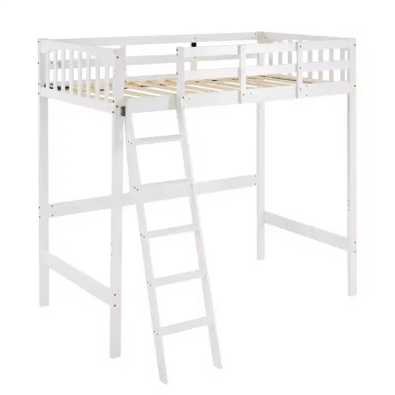 Letto a soppalco singolo in legno con stazione di ricarica/LED, pioli piatti, sponda di protezione alta 15 inches, supporto con doghe in legno senza necessità di rete, bianco