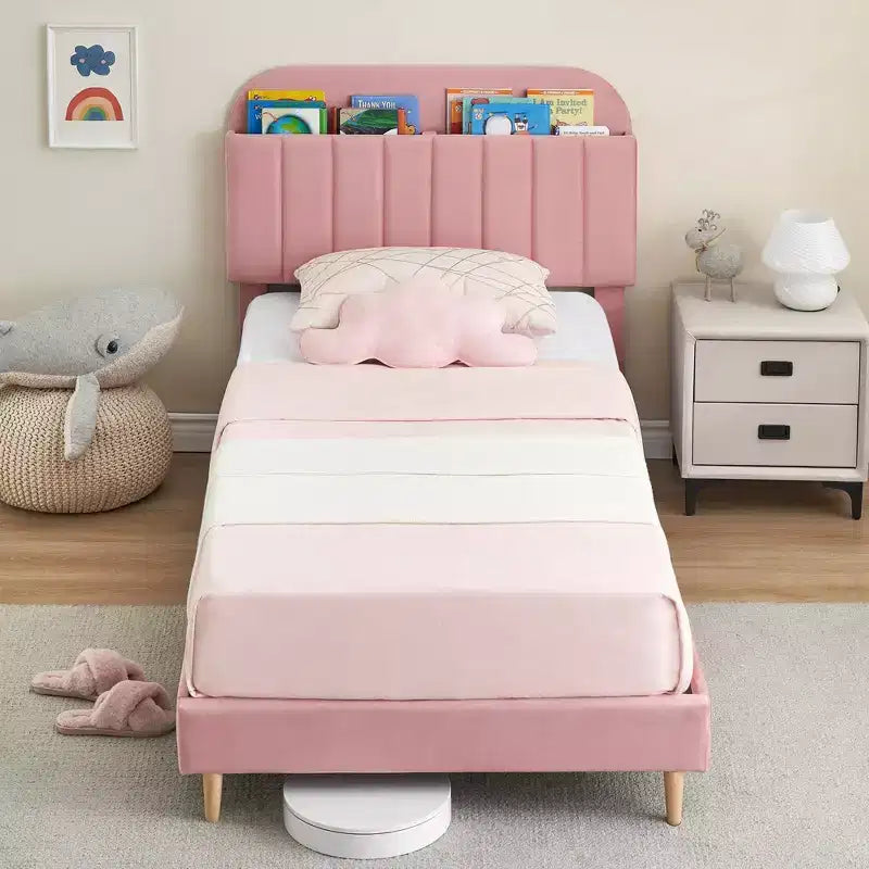 Struttura letto singolo, letto a piattaforma imbottito in velluto con testiera e robuste doghe in legno, senza necessità di rete, silenzioso e facile da montare, rosa
