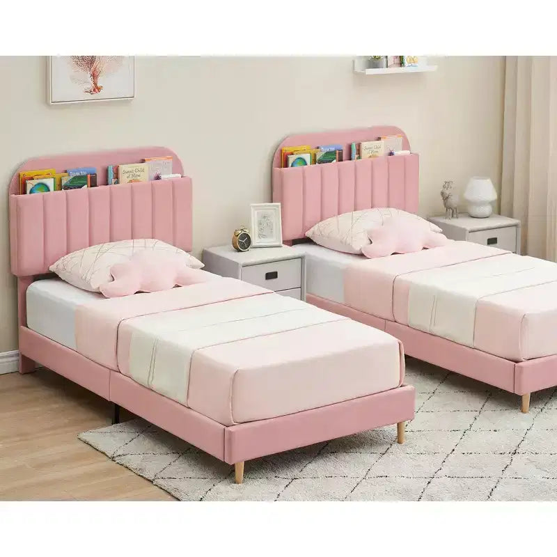 Struttura letto singolo, letto a piattaforma imbottito in velluto con testiera e robuste doghe in legno, senza necessità di rete, silenzioso e facile da montare, rosa