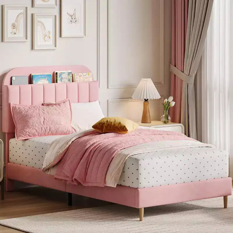 Struttura letto singolo, letto a piattaforma imbottito in velluto con testiera e robuste doghe in legno, senza necessità di rete, silenzioso e facile da montare, rosa