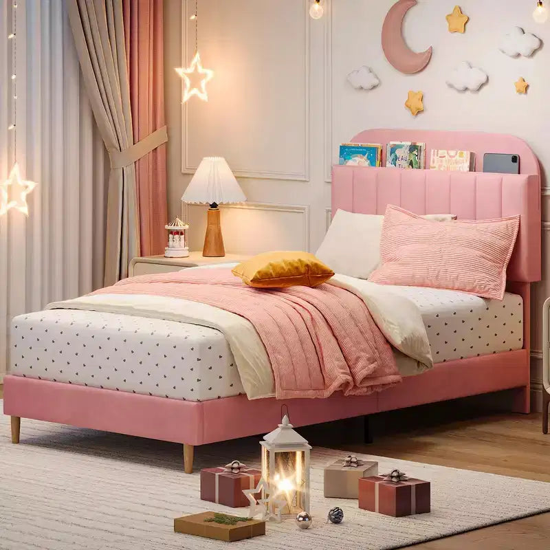 Struttura letto singolo, letto a piattaforma imbottito in velluto con testiera e robuste doghe in legno, senza necessità di rete, silenzioso e facile da montare, rosa