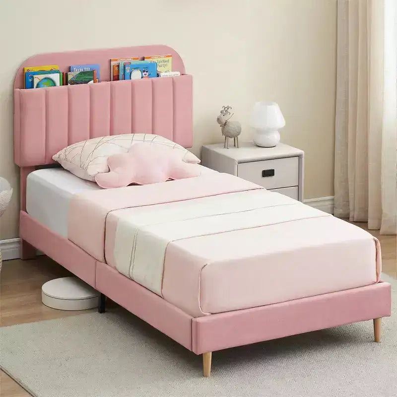Struttura letto singolo, letto a piattaforma imbottito in velluto con testiera e robuste doghe in legno, senza necessità di rete, silenzioso e facile da montare, rosa
