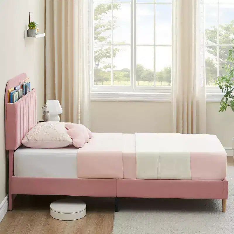 Struttura letto singolo, letto a piattaforma imbottito in velluto con testiera e robuste doghe in legno, senza necessità di rete, silenzioso e facile da montare, rosa