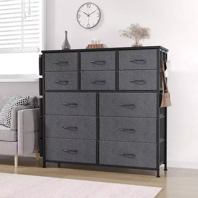 Cassettiera a 12 cassetti, mobile contenitore alto in tessuto con piano in legno, tasche laterali e ganci, per camera da letto, cabina armadio o ingresso
