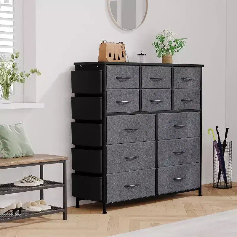 Cassettiera a 12 cassetti, mobile contenitore alto in tessuto con piano in legno, tasche laterali e ganci, per camera da letto, cabina armadio o ingresso