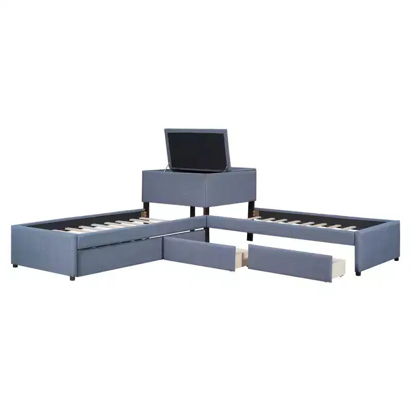 Letto a piattaforma singolo a forma di L, struttura in legno con letto estraibile, 2 cassetti e tavolino integrato, per camera da letto, grigio