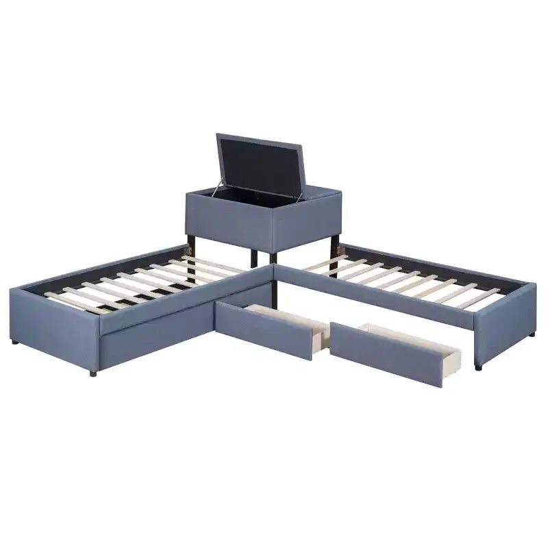 Letto a piattaforma singolo a forma di L, struttura in legno con letto estraibile, 2 cassetti e tavolino integrato, per camera da letto, grigio