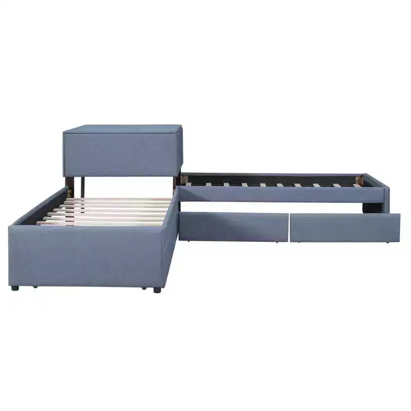 Letto a piattaforma singolo a forma di L, struttura in legno con letto estraibile, 2 cassetti e tavolino integrato, per camera da letto, grigio