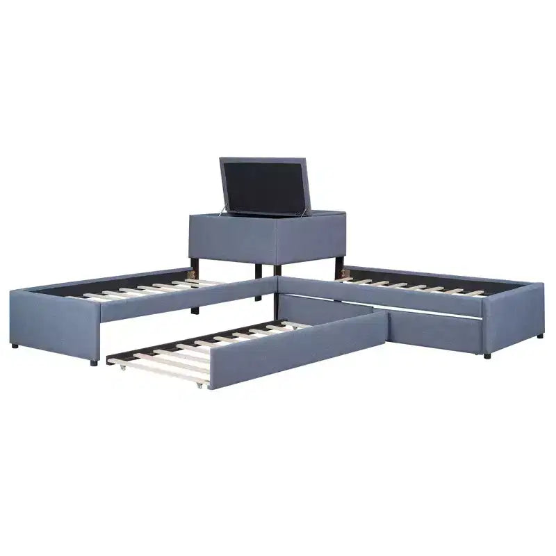 Letto a piattaforma singolo a forma di L, struttura in legno con letto estraibile, 2 cassetti e tavolino integrato, per camera da letto, grigio