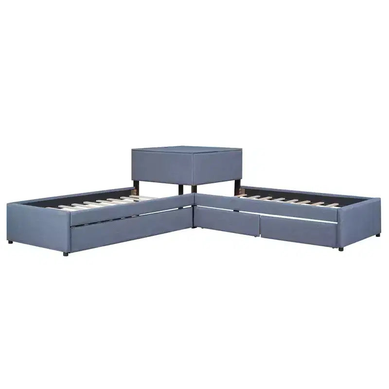 Letto a piattaforma singolo a forma di L, struttura in legno con letto estraibile, 2 cassetti e tavolino integrato, per camera da letto, grigio