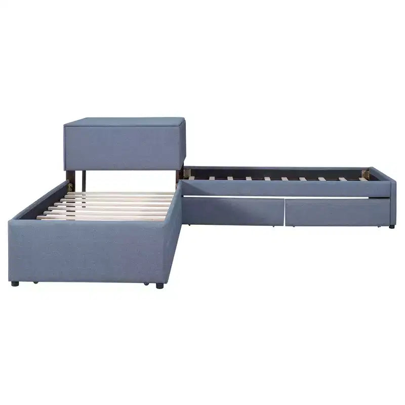 Letto a piattaforma singolo a forma di L, struttura in legno con letto estraibile, 2 cassetti e tavolino integrato, per camera da letto, grigio