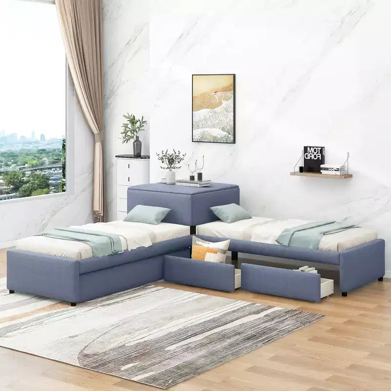 Letto a piattaforma singolo a forma di L, struttura in legno con letto estraibile, 2 cassetti e tavolino integrato, per camera da letto, grigio