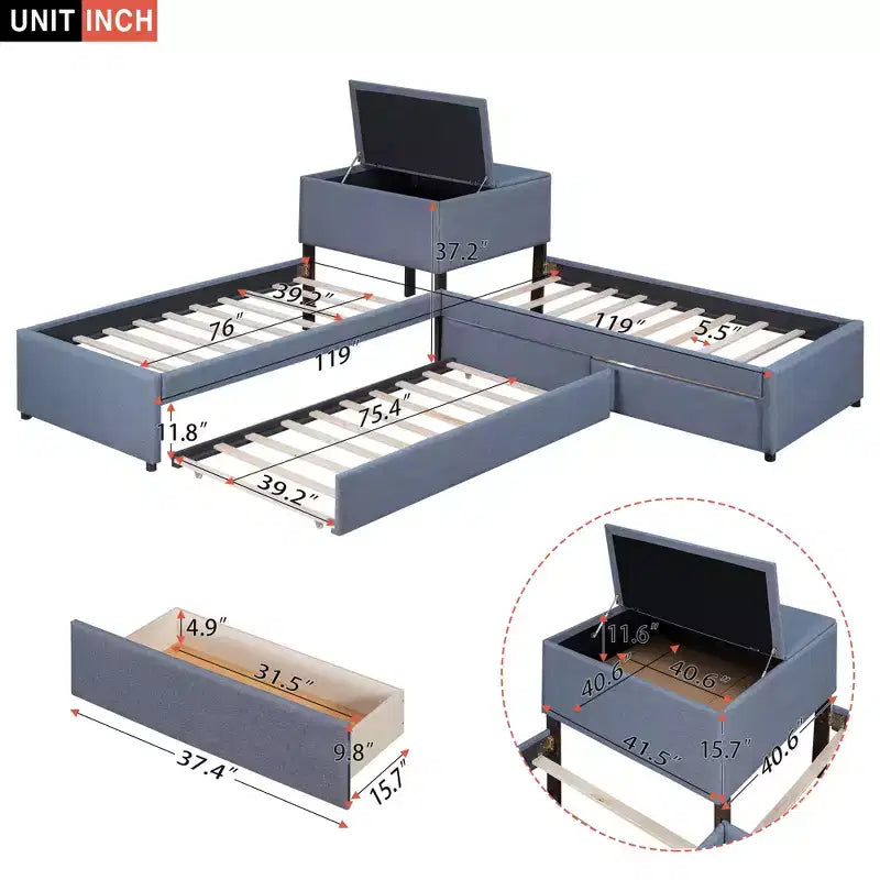 Letto a piattaforma singolo a forma di L, struttura in legno con letto estraibile, 2 cassetti e tavolino integrato, per camera da letto, grigio