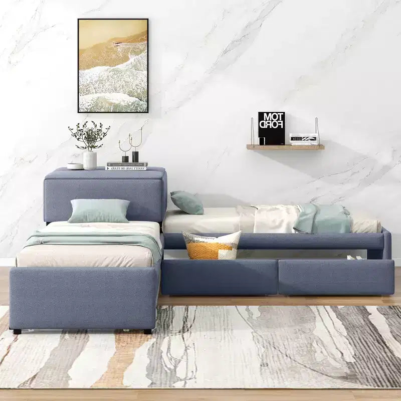 Letto a piattaforma singolo a forma di L, struttura in legno con letto estraibile, 2 cassetti e tavolino integrato, per camera da letto, grigio