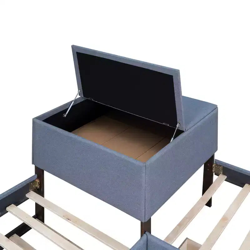 Letto a piattaforma singolo a forma di L, struttura in legno con letto estraibile, 2 cassetti e tavolino integrato, per camera da letto, grigio
