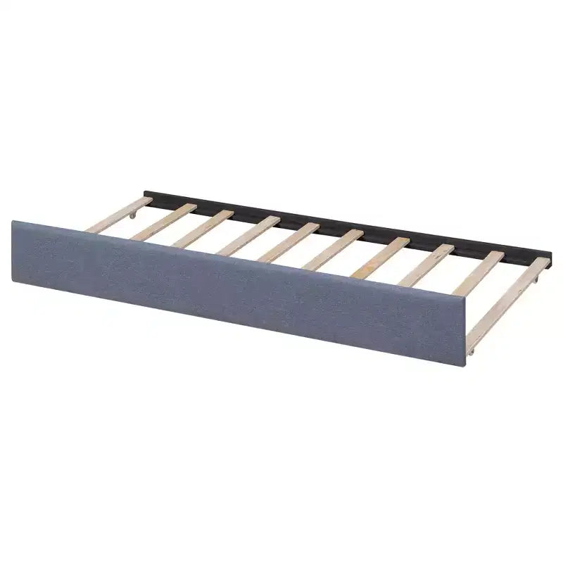 Letto a piattaforma singolo a forma di L, struttura in legno con letto estraibile, 2 cassetti e tavolino integrato, per camera da letto, grigio