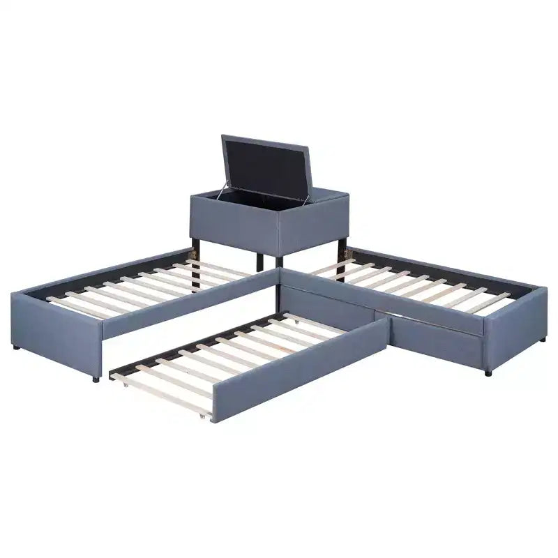 Letto a piattaforma singolo a forma di L, struttura in legno con letto estraibile, 2 cassetti e tavolino integrato, per camera da letto, grigio
