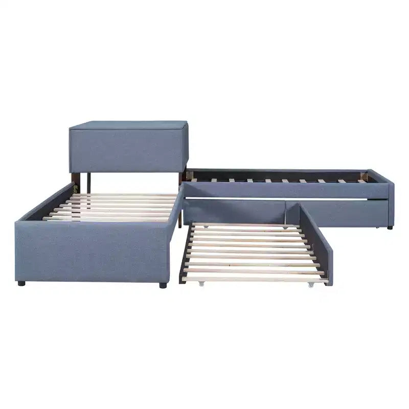Letto a piattaforma singolo a forma di L, struttura in legno con letto estraibile, 2 cassetti e tavolino integrato, per camera da letto, grigio