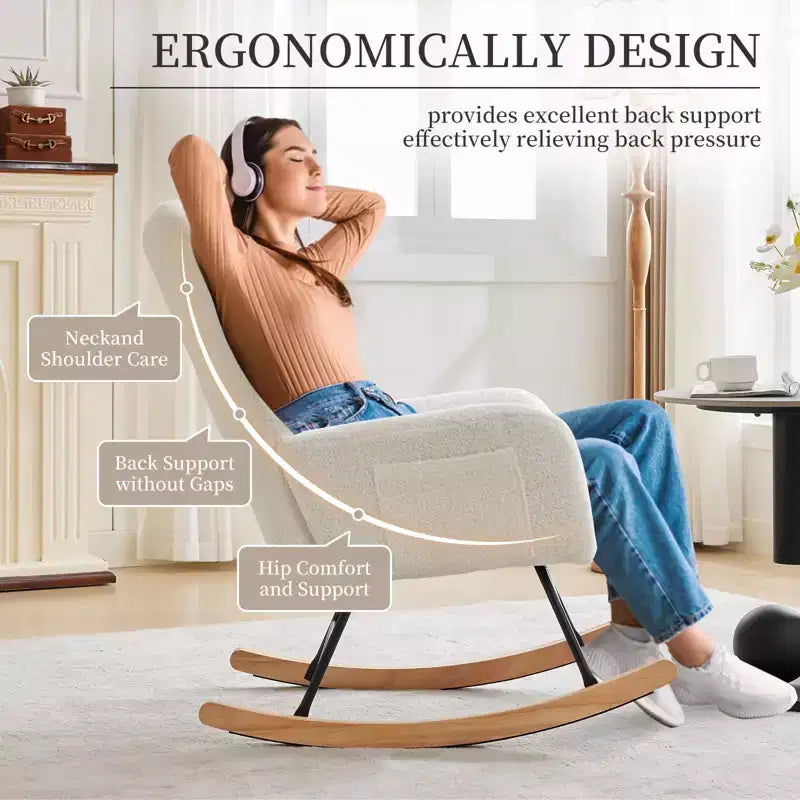 Teddy Upholstered Glider Rocker with High Backrest, Reading Chair Modern Rocking Accent Chairs with Side Pockets, White