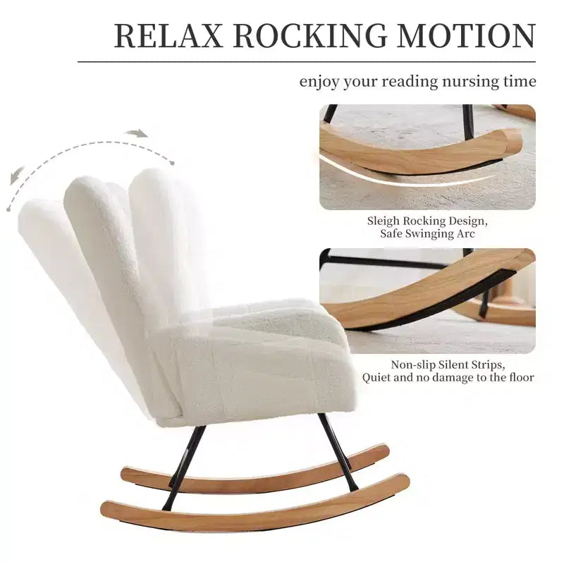 Teddy Upholstered Glider Rocker with High Backrest, Reading Chair Modern Rocking Accent Chairs with Side Pockets, White