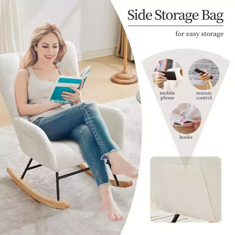 Teddy Upholstered Glider Rocker with High Backrest, Reading Chair Modern Rocking Accent Chairs with Side Pockets, White