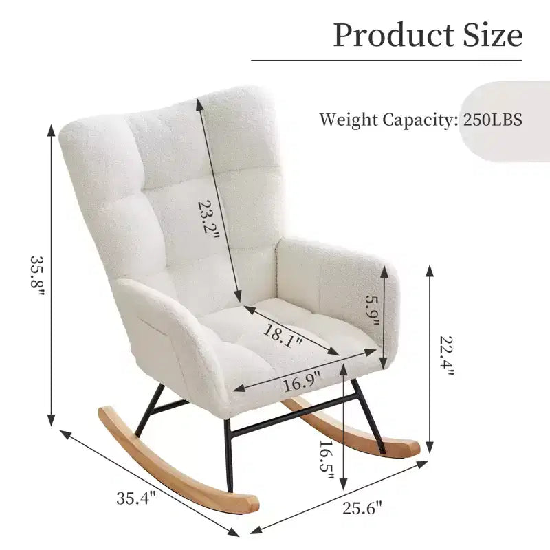 Teddy Upholstered Glider Rocker with High Backrest, Reading Chair Modern Rocking Accent Chairs with Side Pockets, White