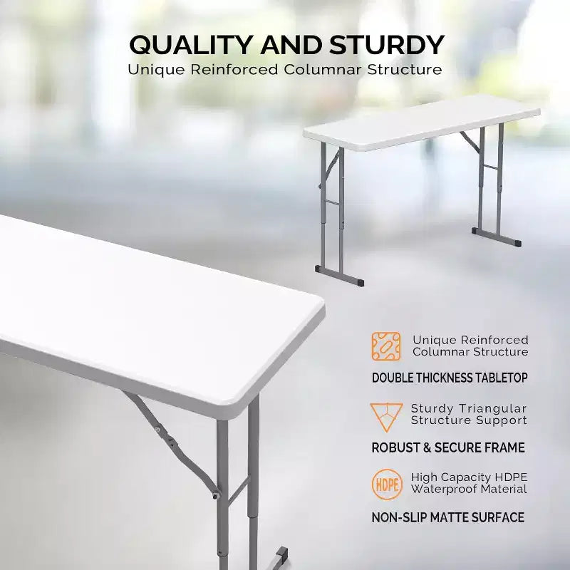 Tavolo pieghevole stretto da 4 FT, materiale HDPE di qualità premium e robusta struttura in metallo, perfetto per feste e per la casa, bianco