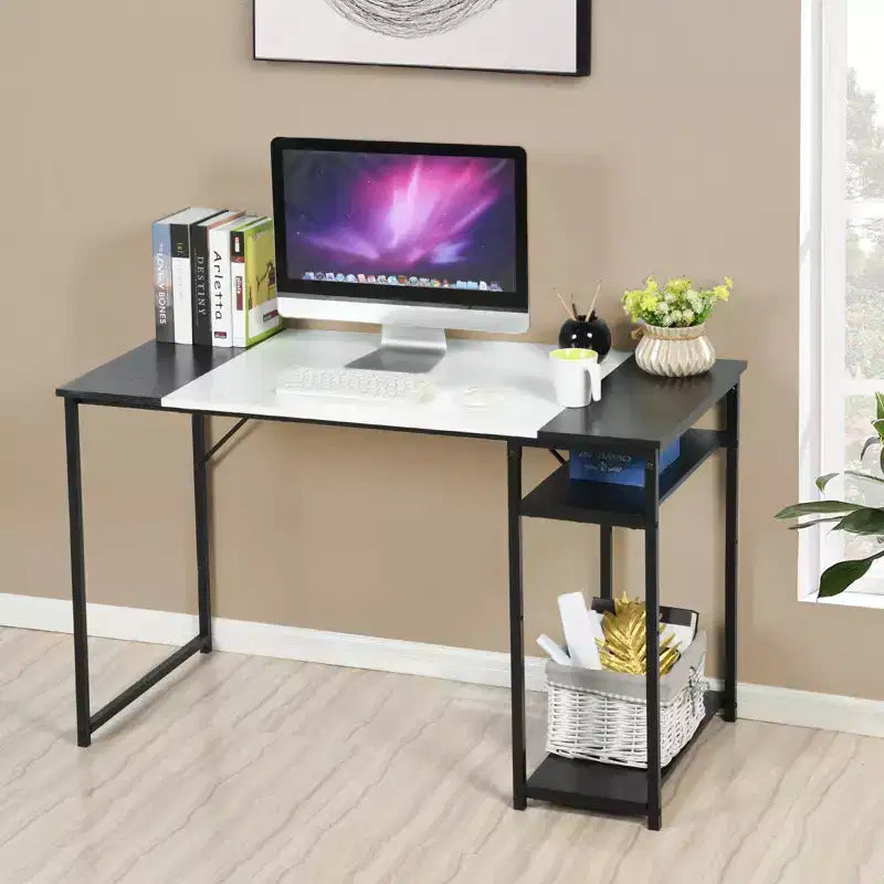 47.2 Study Writing Desk with Storage Shelves, Computer Desk with Metal Frame, Space-Saving Workstation Table for Home Office, Black/White