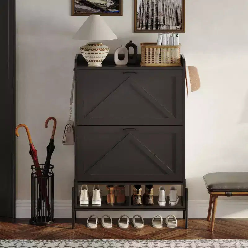 Scarpiera con 2 cassetti ribaltabili, mobile stretto in legno, scarpiera freestanding chiusa con gambe in metallo per ingresso e soggiorno