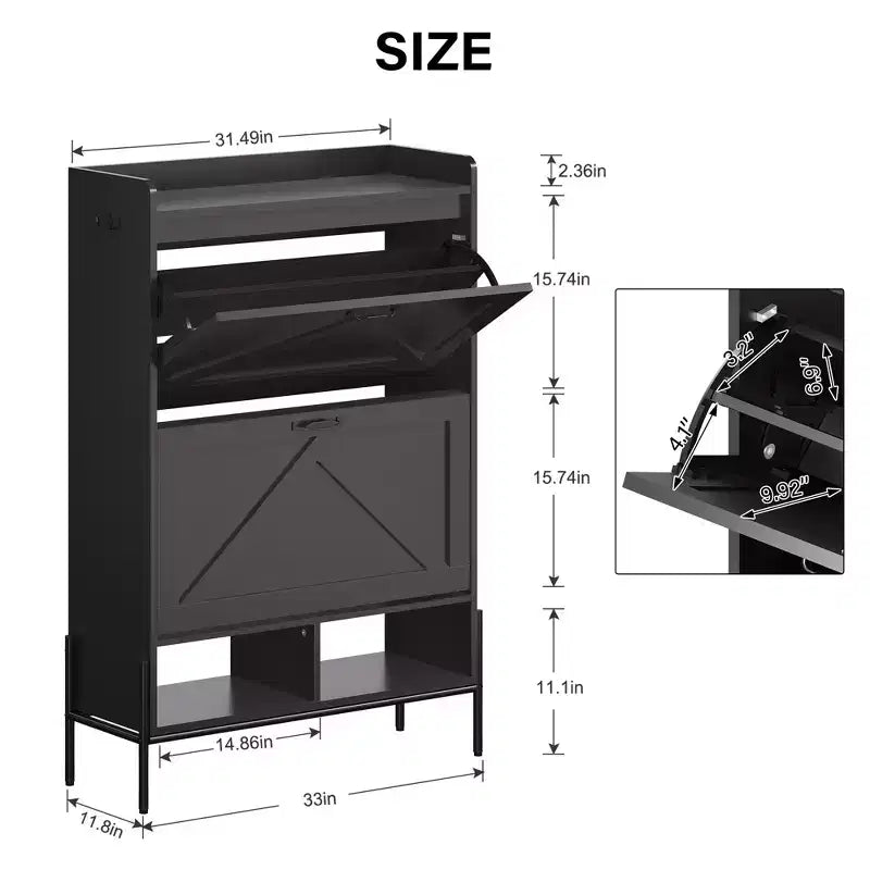 Scarpiera con 2 cassetti ribaltabili, mobile stretto in legno, scarpiera freestanding chiusa con gambe in metallo per ingresso e soggiorno
