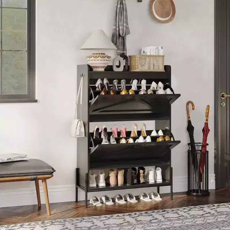 Scarpiera con 2 cassetti ribaltabili, mobile stretto in legno, scarpiera freestanding chiusa con gambe in metallo per ingresso e soggiorno