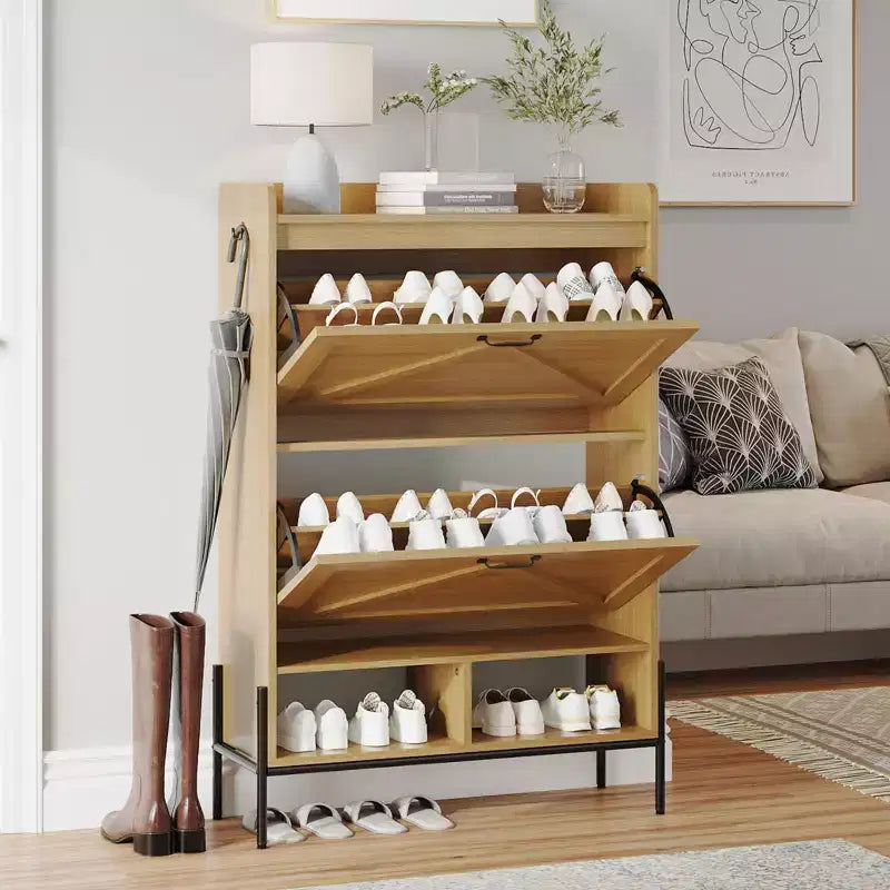 Scarpiera con 2 cassetti ribaltabili, mobile stretto in legno, scarpiera freestanding chiusa con gambe in metallo per ingresso e soggiorno
