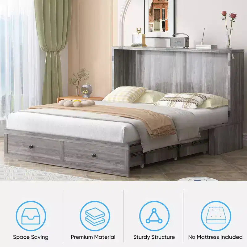 Letto a cassettone a scomparsa moderno Full/Queen Size con spazio contenitivo, SENZA MATERASSO, GRIGIO