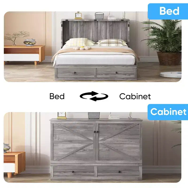 Letto a cassettone a scomparsa moderno Full/Queen Size con spazio contenitivo, SENZA MATERASSO, GRIGIO