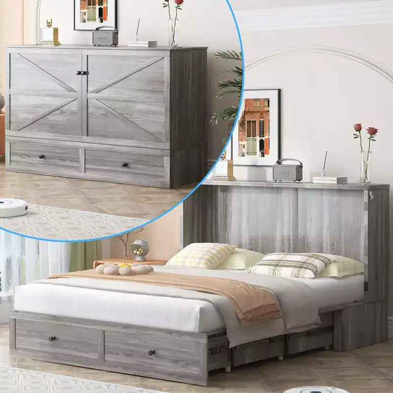 Letto a cassettone a scomparsa moderno Full/Queen Size con spazio contenitivo, SENZA MATERASSO, GRIGIO