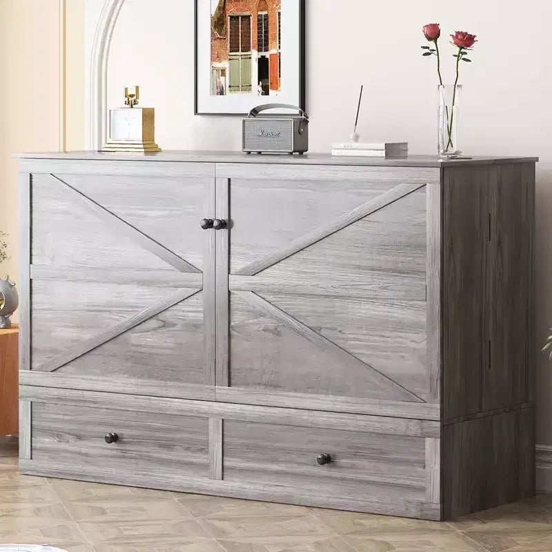 Letto a cassettone a scomparsa moderno Full/Queen Size con spazio contenitivo, SENZA MATERASSO, GRIGIO
