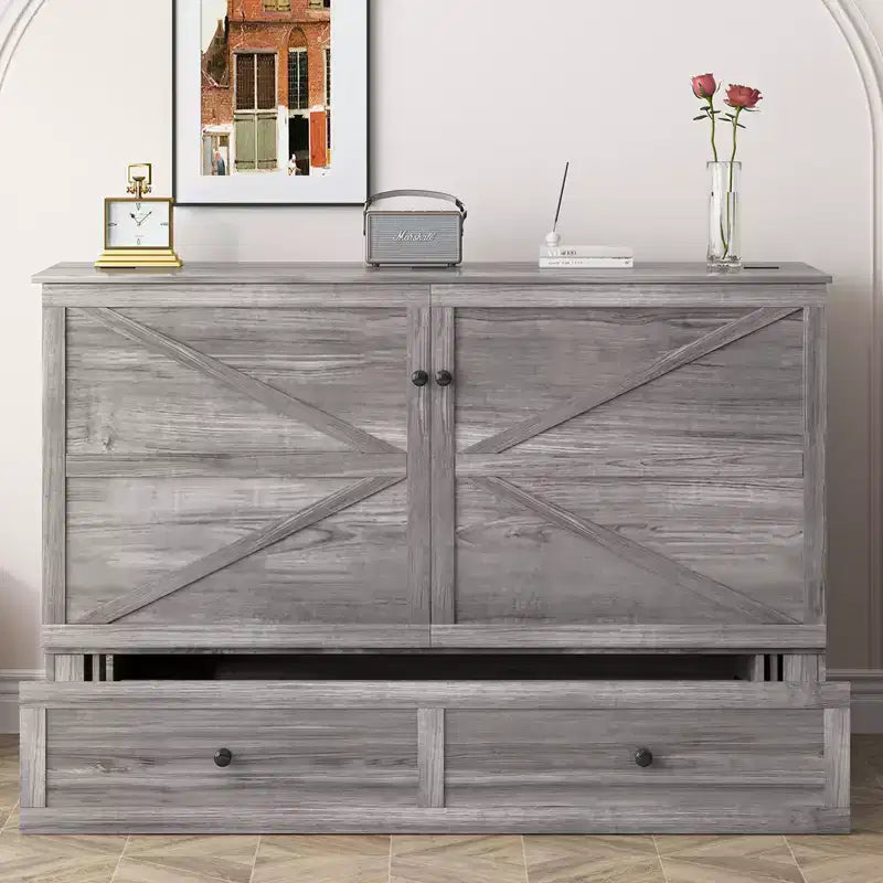 Letto a cassettone a scomparsa moderno Full/Queen Size con spazio contenitivo, SENZA MATERASSO, GRIGIO