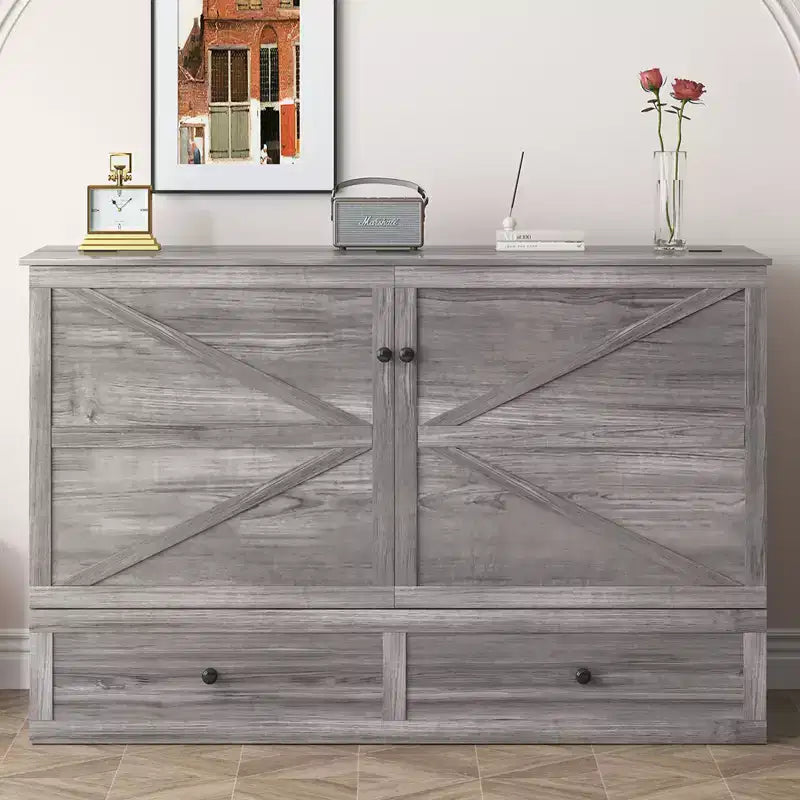 Letto a cassettone a scomparsa moderno Full/Queen Size con spazio contenitivo, SENZA MATERASSO, GRIGIO