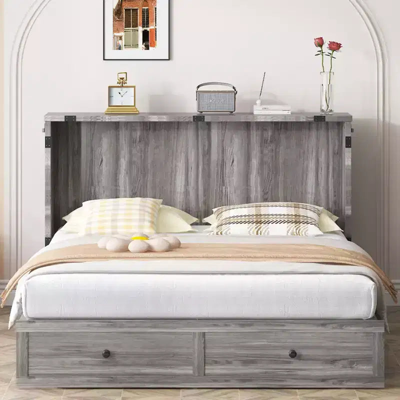 Letto a cassettone a scomparsa moderno Full/Queen Size con spazio contenitivo, SENZA MATERASSO, GRIGIO